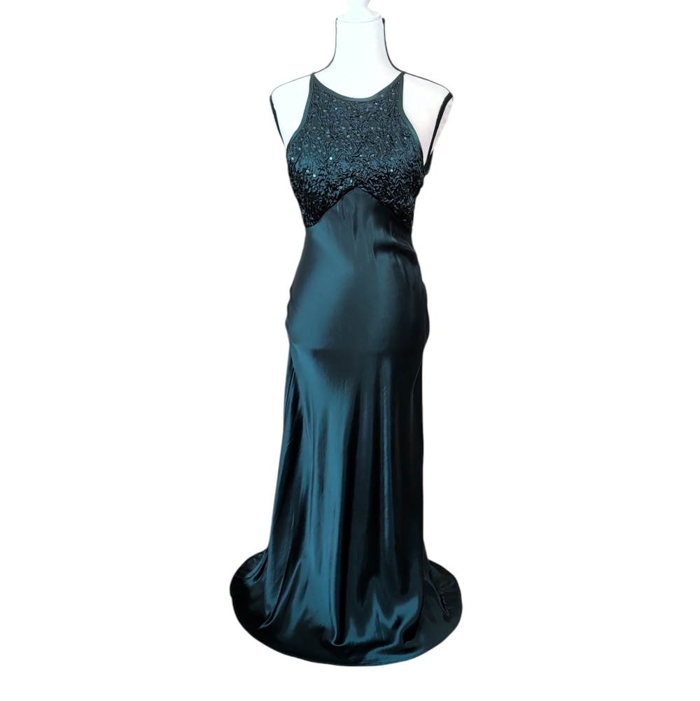 Vintage Morgan & Co. by Linda Bernell Sequin Satin Gown Junior 7/8 Emerald Green